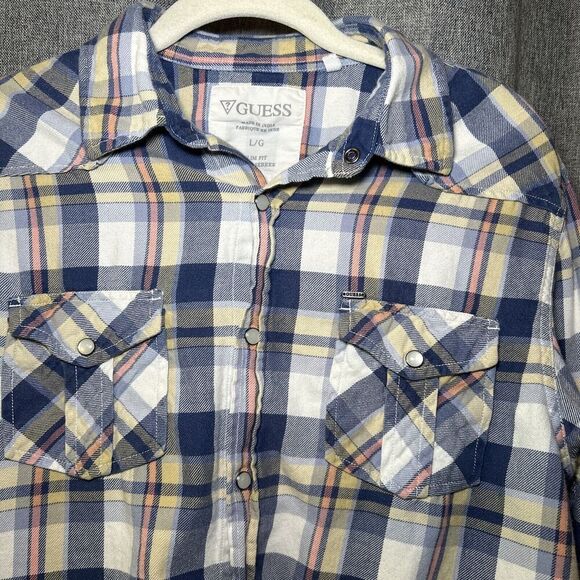 Guess Mens Flannel Button Down Slim Fit Coupe Serree Shirt Western Pearl Snap L - Picture 3 of 9